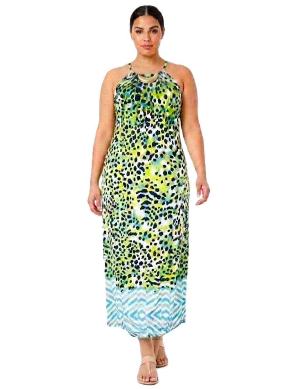 MLLE GABRIELLE Metal Halter Neck Maxi Dress. Plus Size 3X